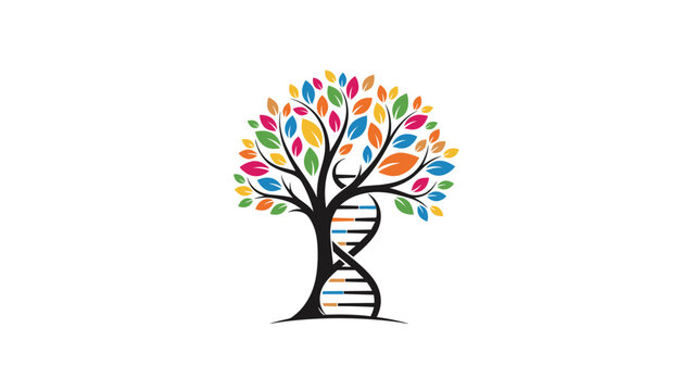 colorful tree of life with a dna double helix trunk and multi colored leaves representing genetics nature and biological evolution.