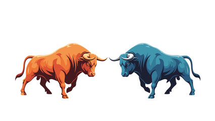 Obraz premium Two powerful bulls in red and blue colors facing each other in a head-to-head confrontation representing market competition.