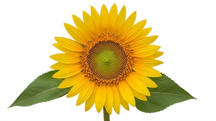 Obraz premium A large yellow sunflower with green leaves on transparent background