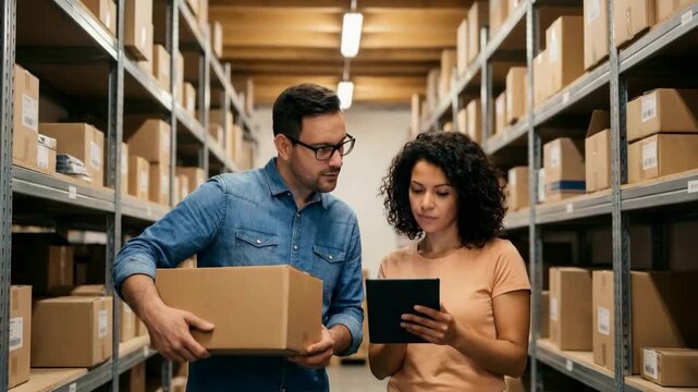 worker holding box consulting manager with tablet in distribution center video