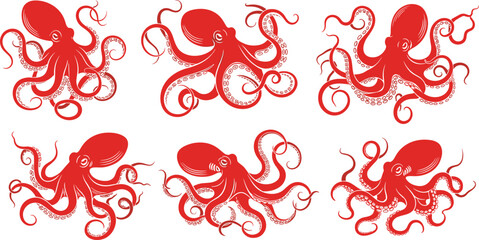 Flat vector illustration set of red octopus collection with various swimming poses and tentacle movements for marine life ocean wildlife and sea creature. © Shefali