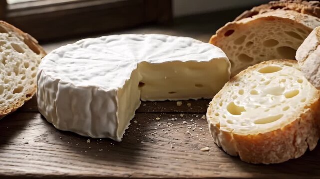 Delicious brie cheese and fresh bread on rustic wooden table