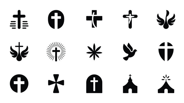 Collection of christian cross symbols and icons in various styles on white background for design and faith concepts