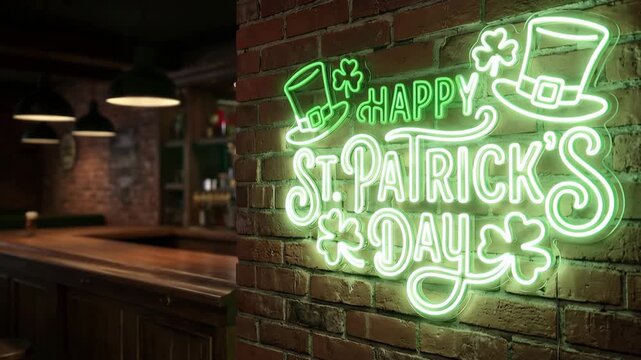 Happy St Patrick day, neon light text sign on an Irish pub wall 