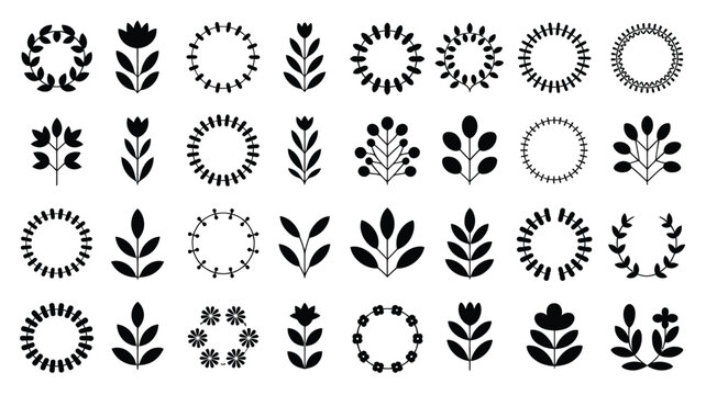Collection of 35 unique spring botanical logo designs black floral icons and leafy circular symbols on white background for branding and design