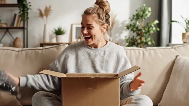 happy caucasian woman opening cardboard box on sofa at home. excited customer unboxing package from online store. delivery service, e-commerce shopping, gift receiving.