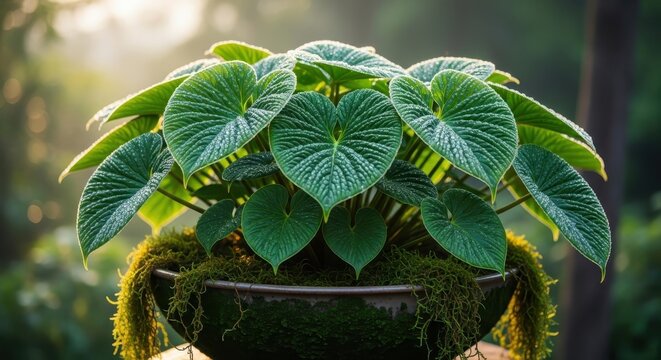 Lush Green Homalomena Plant in Decorative Pot, Outdoor Setting.