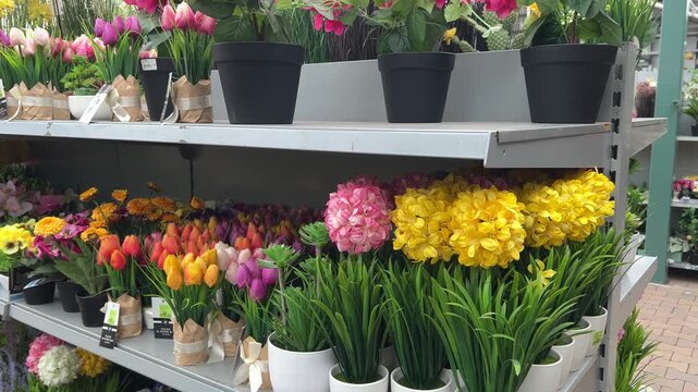 Vibrant artificial floral arrangements including pink hydrangeas and colorful tulips in white pots displayed on retail shelving in a garden center warehouse aisle.