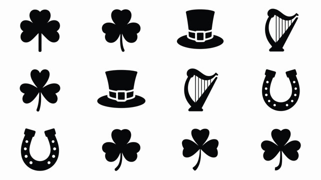 St patrick's day icons including four leaf clovers top hats harp and horseshoes in black on white grid background