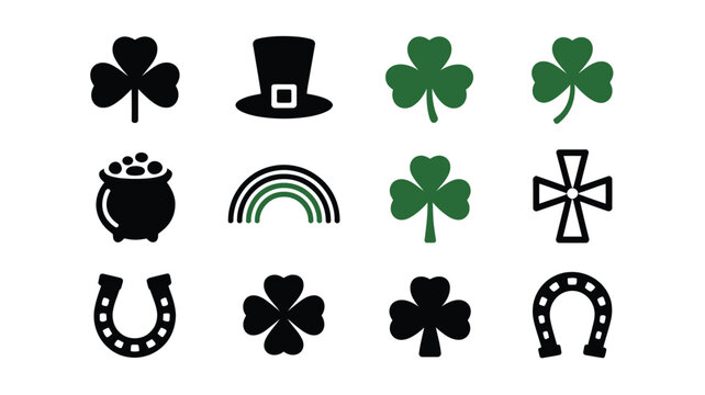 St patrick's day themed silhouettes featuring shamrocks leprechaun hat pot of gold rainbow celtic cross and horseshoes on white background