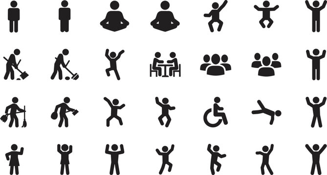 Black stick figure icons set representing various human activities, people silhouettes, working, dancing, sitting, jumping, teamwork, and accessibility symbols on white.