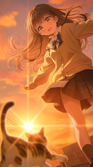 Low angle anime school girl looking at a cat under dramatic sunset sky,夕焼けの校舎前で猫を見つめる女子学生のローアングルイラスト