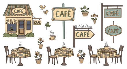 Fototapeta premium Cafe Signs and Outdoor Seating Illustration.