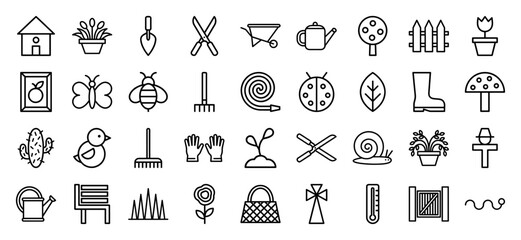Naklejka premium Garden maintenance and landscaping outline pictograms featuring horticulture tools, organic farming elements, and backyard nature icons in a clean monoline aesthetic.