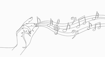 Fototapeta premium A minimalist line drawing of a hand holding a musical note, with a flowing staff and musical symbols emanating from it.
