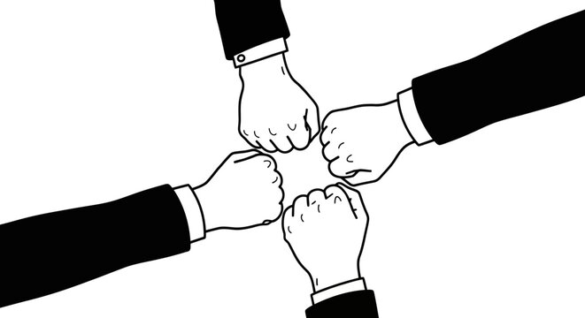 Four hands in suits bumping fists together in a circle, symbolizing teamwork and unity.