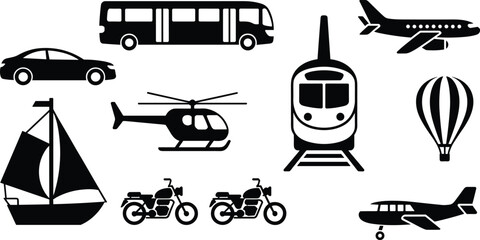 Silhouette illustration of diverse transportation icons including car, bus, train, airplane, helicopter, sailboat, hot air balloon, motorcycles, and propeller aircraft for travel themes © Sharon 
