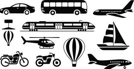 Silhouette illustration of diverse transportation icons including car, bus, train, airplanes, sailboat, helicopter, hot air balloons, motorcycles, and drone for travel and mobility themes © Sharon 
