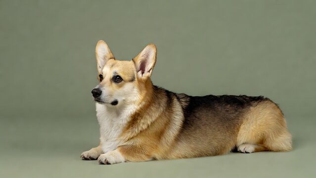 Pembroke Welsh Corgi resting comfortably in studio setting