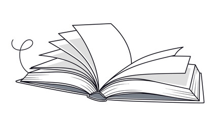 An open book with pages fluttering as if caught by a gentle breeze, depicted in a simple black and white line drawing style.