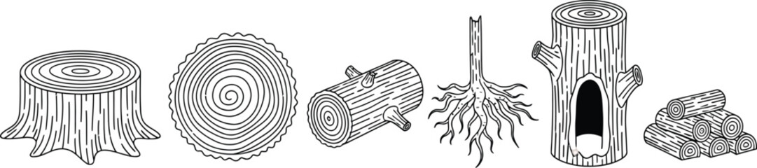 Collection of hand-drawn tree stump and wood elements including logs roots and firewood for natural design concepts © Zohaib