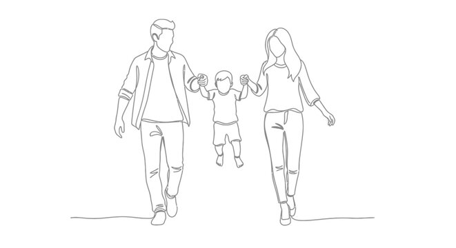 Continuous line drawing of a happy family walking together, parents holding their child's hands, minimalist art style.