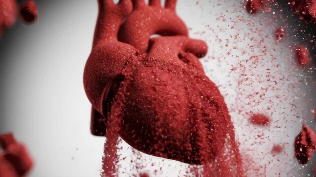 Abstract Red Heart Deconstructing Into Particles Against White Backgro