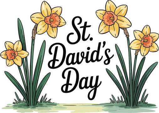 St Davids Day Greeting with Daffodils and Grass flowers