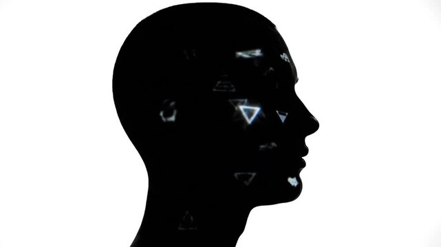 Video screenshot collage shows a silhouette of a human head against a white background, with animated symbols like triangles, circles, and squares flashing on the head from 1 to 8 seconds.