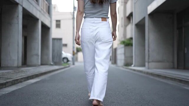 A woman walking alone down an urban street wearing white pants and a gray top, captured from behind as she moves forward in a sequence of shots, creating a sense of movement and solitude.