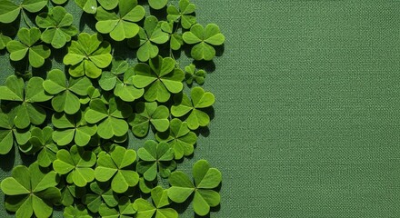 Green clovers on textured background flat lay