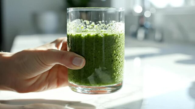 Hand holding a refreshing green smoothie in a glass, healthy beverage, close-up shot