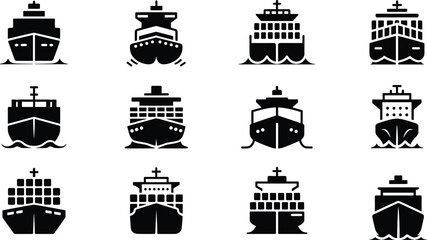 Silhouette illustration of ship icons viewed from the front including cargo ships, cruise liners, and ferries with decks, containers, and waves for maritime design themes © Sharon 