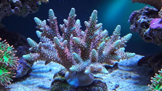 Beautiful Acropora Coral in a Vibrant Aquarium Ecosystem with Amazing Colors and Growth