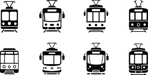 Silhouette illustration of tram and streetcar icons with varied window shapes, headlights, pantographs, and structural outlines for urban transport, signage, and graphic design themes © Sharon 
