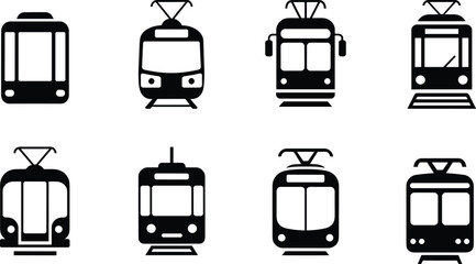 Silhouette illustration of tram and streetcar icons with varied window, pantograph, and front designs for urban transport, signage, maps, and digital interface themes © Sharon 