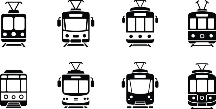 Silhouette illustration of tram and streetcar icons with varied window shapes, headlights, pantographs, and structural outlines for urban transport, signage, and graphic design themes