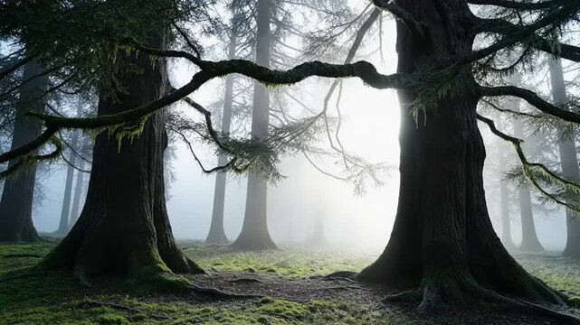Giant ancient trees framing bright ethereal fog in dark forest landscape