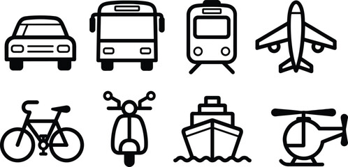 Silhouette illustration of transportation icons including car, bus, train, airplane, bicycle, scooter, ship, and helicopter for travel, mobility, and educational design themes © Sharon 