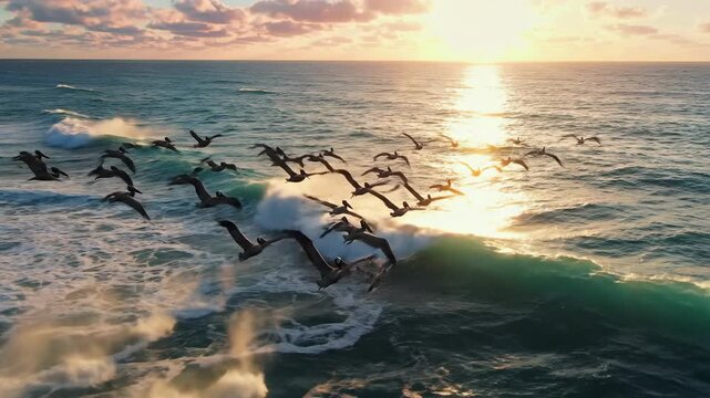 Flock of Birds Flying Over Ocean Waves at Sunset, Wildlife Nature Scene