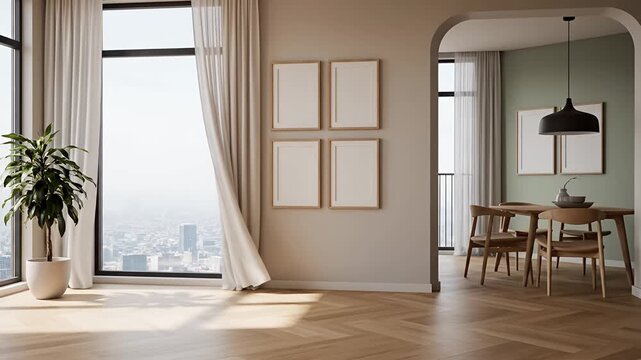 Stylish empty apartment interior with city view and dining room