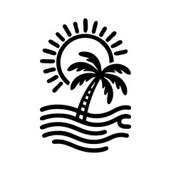 Logo agencia de viajes. Vacaciones de verano. Dibujo sencillo con líneas de un paisaje con la palma, sol y olas de mar © teracreonte