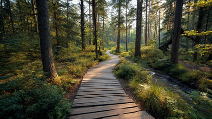 Fototapeta premium A serene wooden boardwalk winds through a lush forest with tall trees and greenery