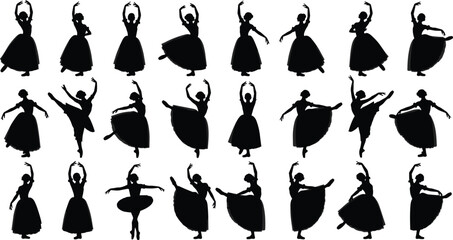 Ballet dancer silhouettes, classical ballet poses, arabesque pirouette plié, tutu costume, graceful movement, dance art, stage performance, elegant posture, ballerina illustration, choreography design © Md