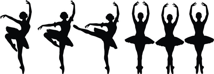 Ballet dancer silhouettes, classical ballet poses, tutu costume, graceful movement, arabesque position, pirouette stance, elegant posture, dance art, ballerina illustration, choreography design © Md