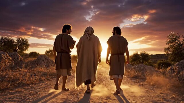 jesus christ walking with two disciples on dusty road at sunset. biblical scene of trip to emmaus appearance after resurrection. easter story concept. christian religious movie, history