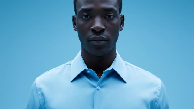 A series of portraits showing a young man with dark skin, wearing a light blue dress shirt, against a blue background. The images range from head to waist, focusing on his facial expressions and atti