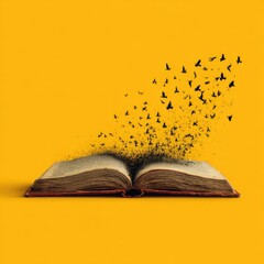 Creative surreal concept of an open book with pages transforming into flying birds on a solid yellow background for imagination and storytelling