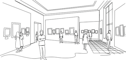 Fototapeta premium People visiting art gallery exhibition. Minimal line art of museum interior scene.