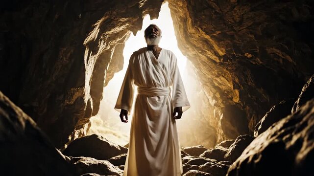 silhouette of jesus christ walking out of stone cave tomb into bright light. resurrection miracle. easter holiday concept. christian religion, salvation, eternal life, victory over death.